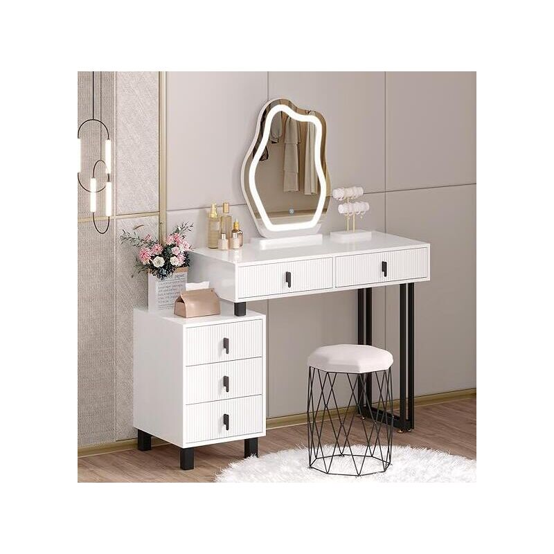 Woltu - Coiffeuse Miroir led et Tabouret - Table de Maquillage avec Plateau Brillant - Tiroirs en Bois Massif - 1 Commode Flexible - Noir+Blanc