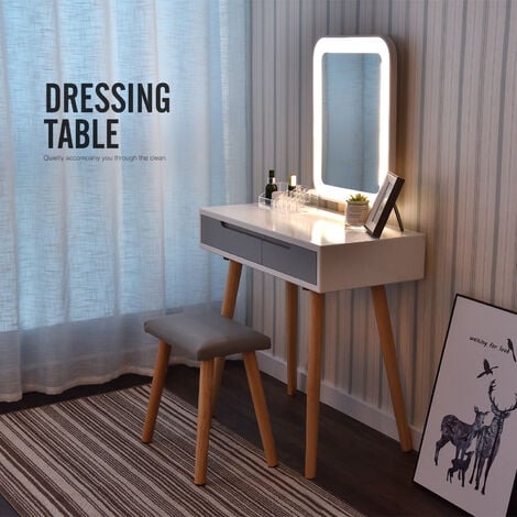 Coiffeuse LED Style Moderne Table de maquillage avec Miroir Coiffeuse et tabouret