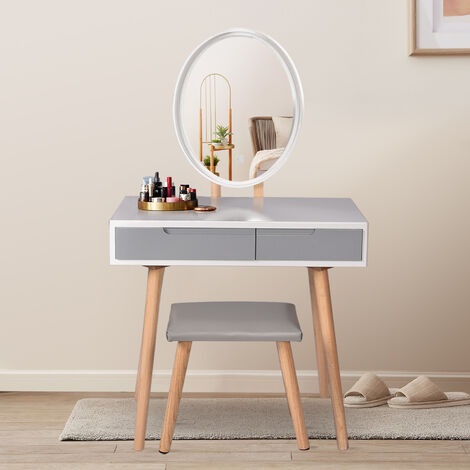 main image of "Coiffeuse avec LED Miroir Style Moderne Table de maquillage et tabouret,Miroir ovale + 2 tiroirs"