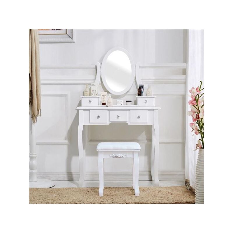 Coiffeuse avec led Miroir,Style Moderne Table de maquillage et tabouret,Miroir ovale, avec simple 5 tiroirs