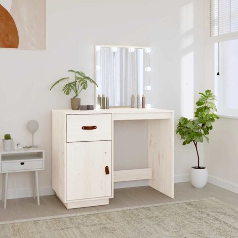 Coiffeuse avec LED Scandinave  Table de maquillage Blanc 95x50x133,5 cm Bois de pin massif 48930