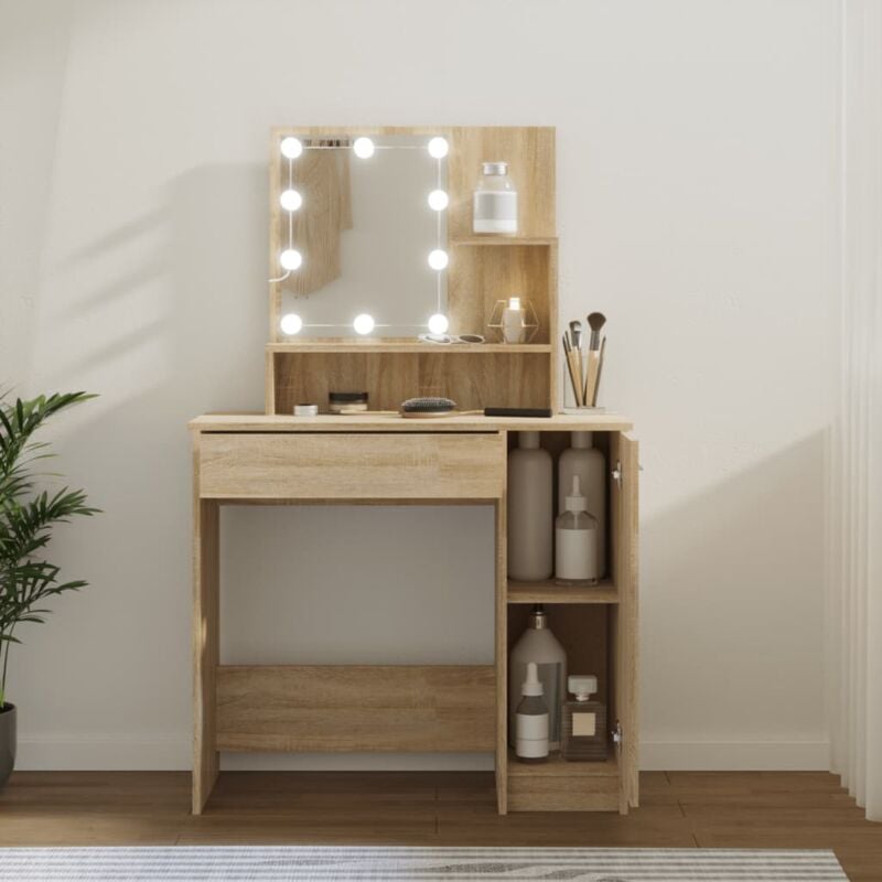 Coiffeuse avec led Scandinave Table de maquillage Chêne sonoma 86,5x35x136 cm 68816