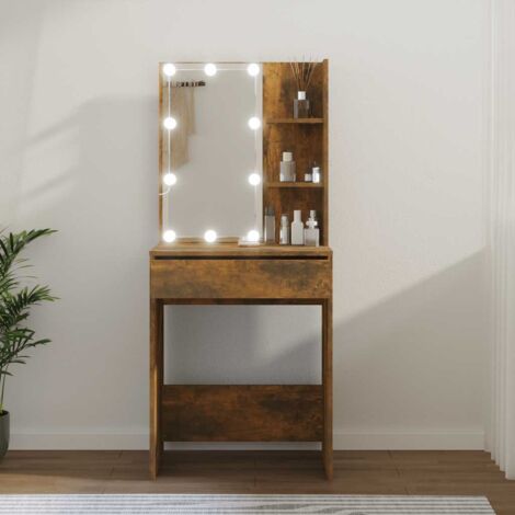 Coiffeuse avec LED  Table de maquillage  Coiffeuse Maquillage Chêne fumé 60x40x140 cm DNBD27015