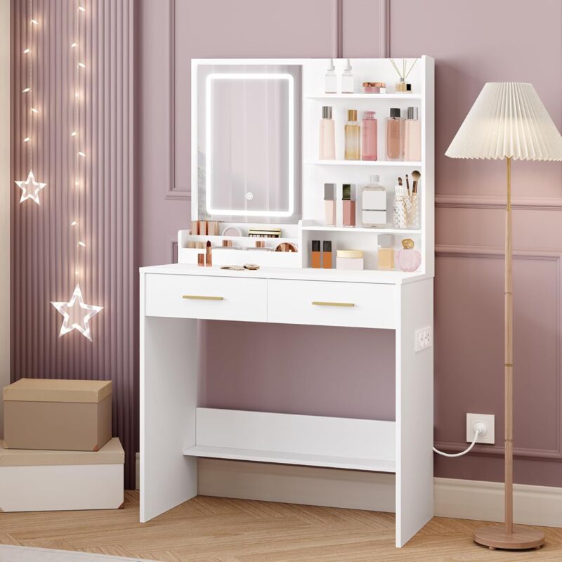 Coiffeuse avec Lumière LED, 2 Prises et 2 USB, avec 2 Tiroirs