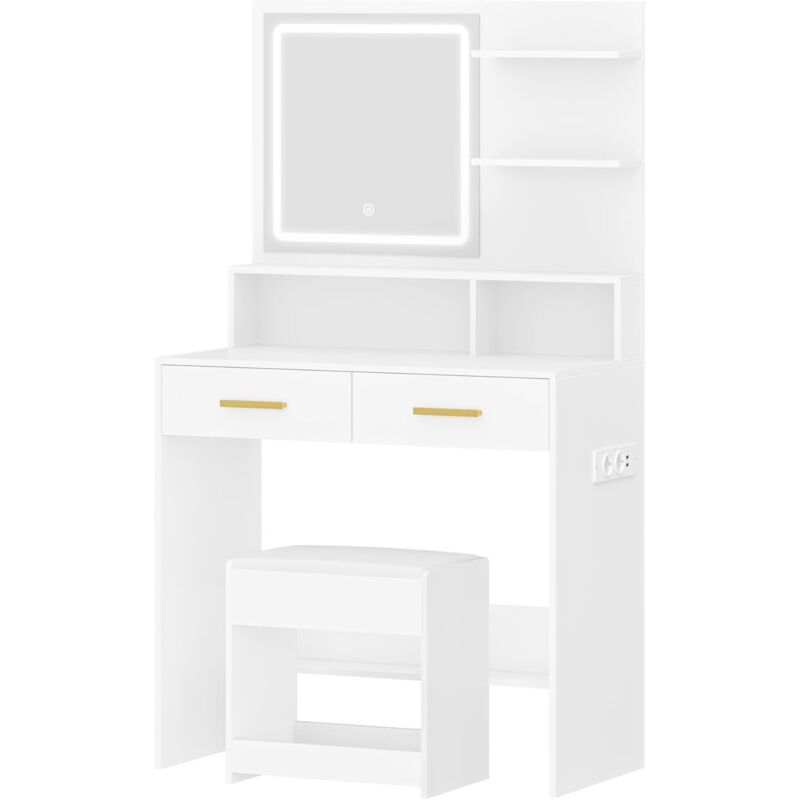 Coiffeuse avec Lumières LED Ajustables, 2 Prises AC et 2 Ports USB