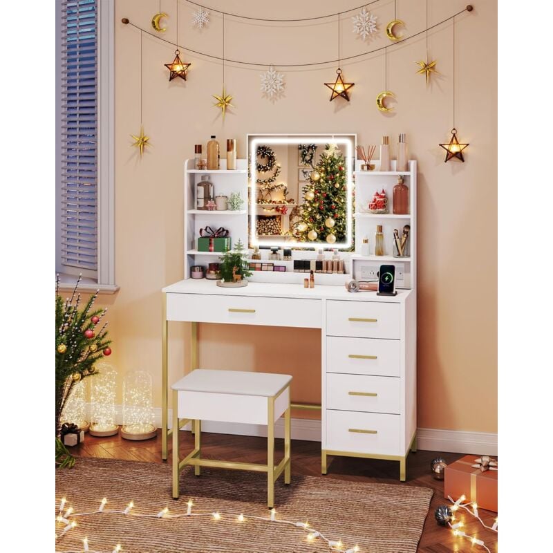 Coiffeuse avec, Lumières LED Réglables, Prise de Courant et USB