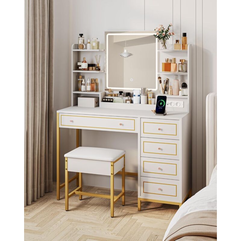 Coiffeuse avec, Lumières LED Réglables, Prise de Courant et USB