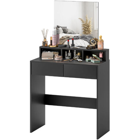 Coiffeuse avec miroir, 2 tiroirs, 3 compartiments, pour chambre à coucher, 75 x 38 x 135 cm, noire