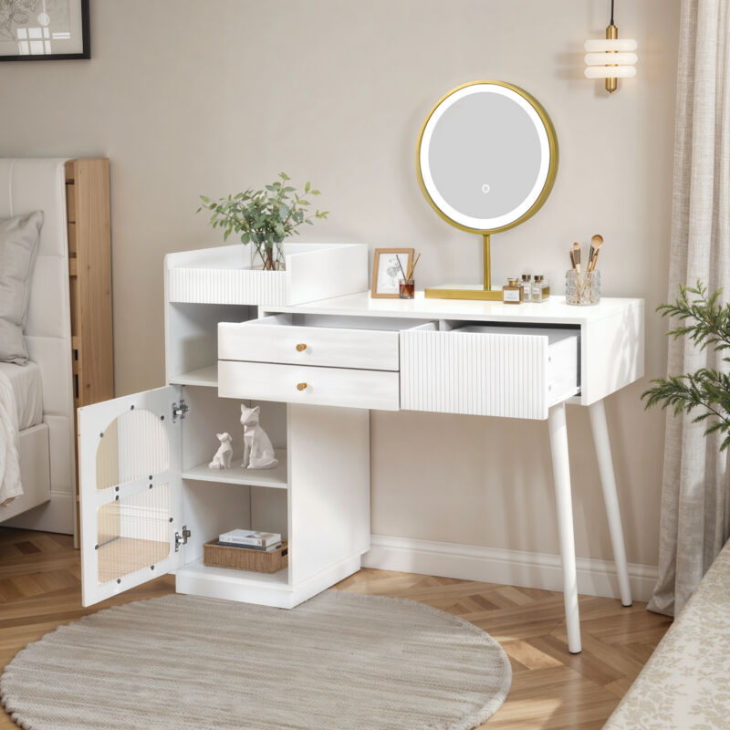 Fortuna Lai - Coiffeuse avec miroir 3 couleurs - 3 tiroirs et meuble d'appoint - design extensible - en bois - sans tabouret 120x90x40cm, blanc