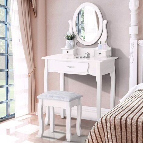 Coiffeuse avec Miroir, 3 tiroirs et Tabouret, 75x40x136 cm, Style moderne, Table de Maquillage Commode, Vintage, Blanc