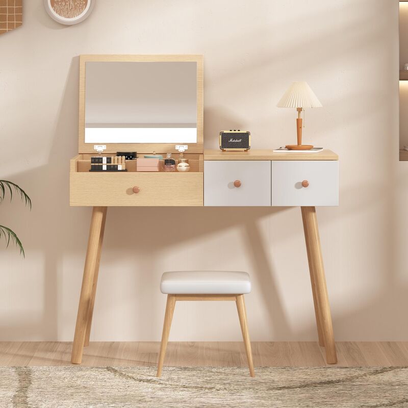 Coiffeuse avec miroir, 3 tiroirs, pieds en bois massif, épissure bicolore, style minimaliste moderne, 100 x 40 x 78 cm (sans tabouret)