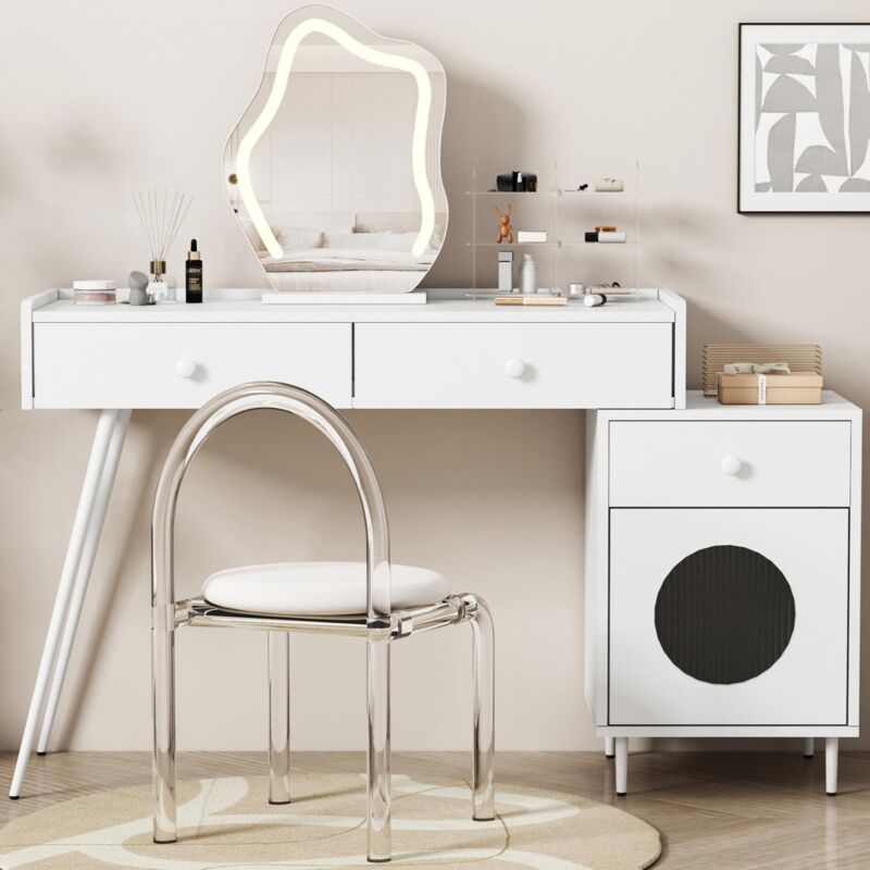 Coiffeuse avec miroir et éclairage led - 2 tiroirs et une armoire amovible - Blanc (tabouret non inclus)