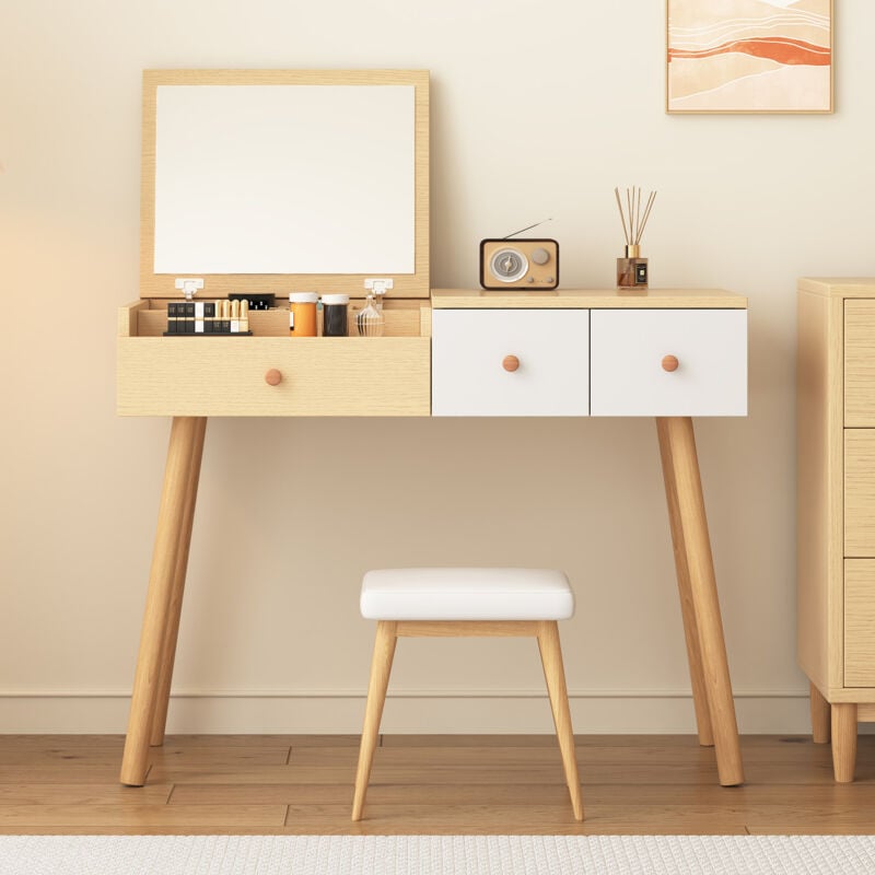 Modernluxe - Coiffeuse avec miroir de rangement, 3 tiroirs, multiples compartiments de rangement, grande capacité de rangement - Naturel (tabouret