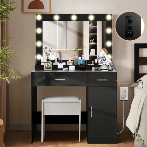 Coiffeuse avec Miroir, 92x40x145 cm Table de Maquillage avec 11 Ampoules LED, Luminosité Réglable, 2 Tiroirs et 3 Compartiments de Rangement, Style Moderne
