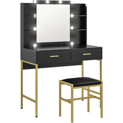 Coiffeuse avec miroir à 10 lumières et tabouret rembourré, station de maquillage avec 2 tiroirs, 6 étagères de rangement et pieds antidérapants pour chambre à coucher, noir