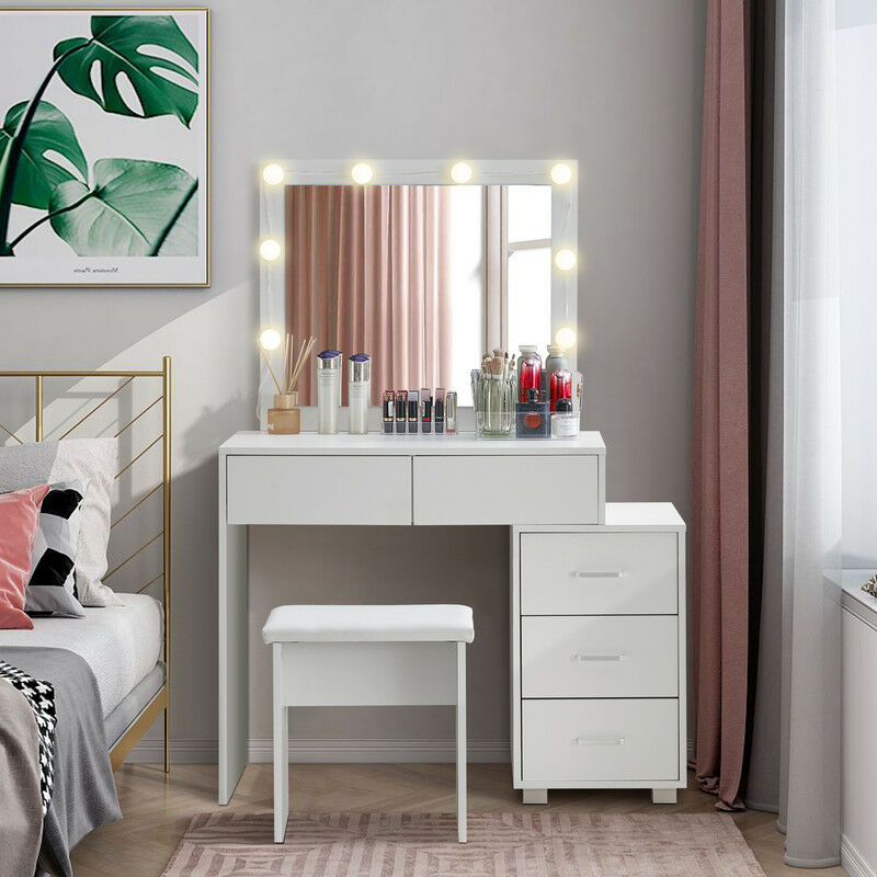 Clipop - Coiffeuse avec Miroir à lumière led et Tabouret Rembourré, 5 Tiroirs avec Ampoules de style Hollywood et Table de Chevet