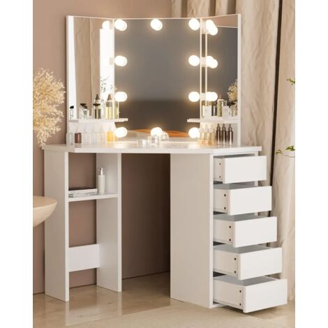 Coiffeuse avec Miroir, avec 10 Ampoules LED, Luminosité Réglable, 112x50x142.5 cm, Table de Maquillage, 5 Tiroirs et 3 Étagères de Rangement, Style Moderne, Blanc