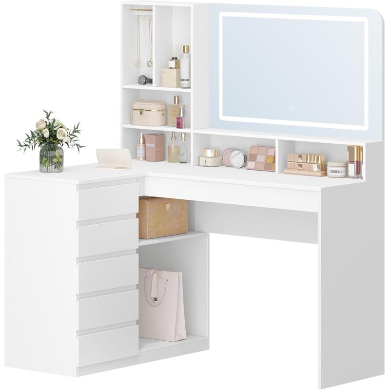 Coiffeuse avec Miroir, avec éclairage LED 7 Compartiments Ouverts