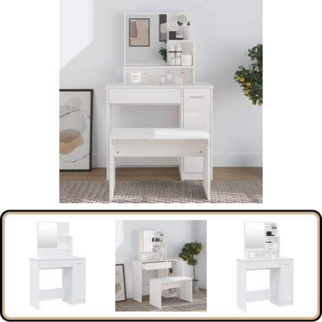 Coiffeuse avec miroir blanc brillant 86,5x35x136 cm - Coiffeuse - Meuble De Salle De Bain - Table De Maquillage - Miroir - Commode