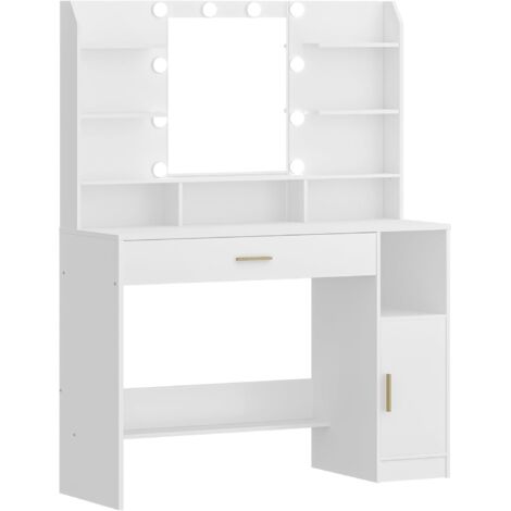 Coiffeuse avec miroir blanc – Lumière LED réglable – Dimensions 40 x 108 x 140 cm – Panneaux d'aggloméré et verre