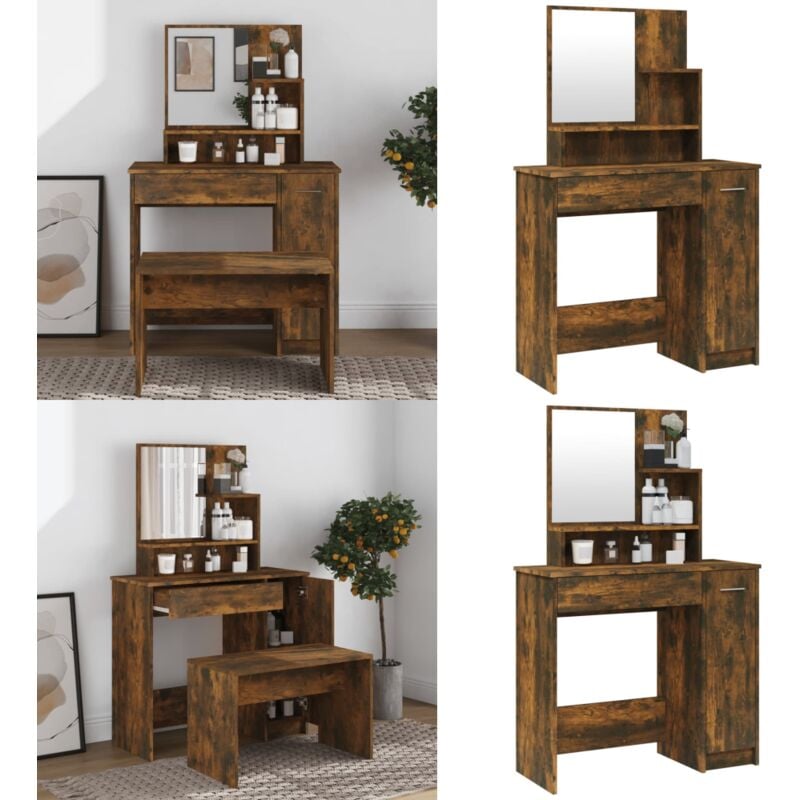 Vidaxl - Coiffeuse avec miroir Chêne fumé 86,5x35x136 cm - Coiffeuse - Meuble De Salle De Bain - Table De Maquillage - Vanity - Armoire De Toilette