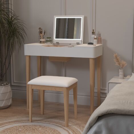 Coiffeuse avec Miroir, Compartiments de Rangement Miroir, Coiffeuse avec éclairage LED, 83x40x75cm - Ensemble de Coiffeuse - Blanc