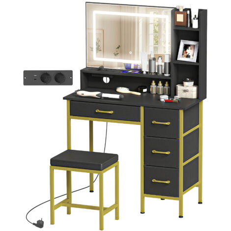 Coiffeuse avec miroir, éclairage LED, station de recharge, tabouret, 4 tiroirs, noire