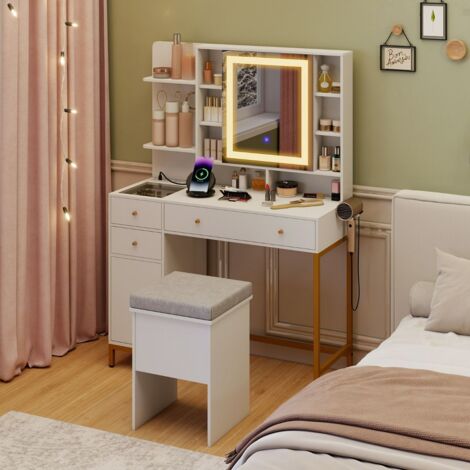 Coiffeuse avec Miroir Éclairé Ensemble de Coiffeuse et de Tabouret Miroir de Cabinet à LED 3 Couleurs Blanc