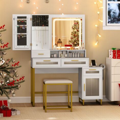Coiffeuse avec Miroir Éclairé Ensemble de Table de Maquillage et Tabouret avec Station de Charge Lumières LED 3 Couleurs Blanc