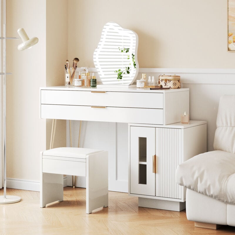 Coiffeuse blanche extensible avec grand tiroir, prise et miroir éclairé par led (sans tabouret), 100x40x78 cm