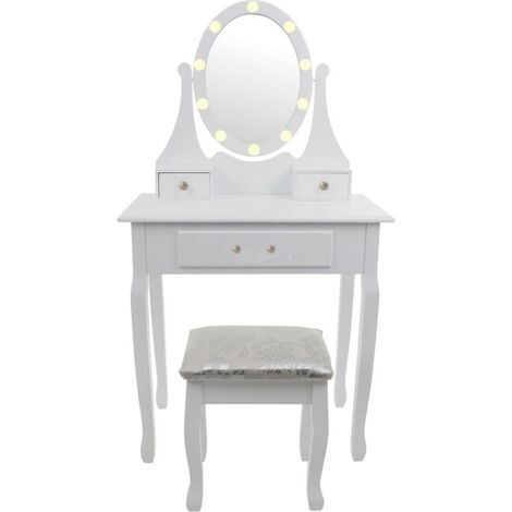 Coiffeuse avec miroir éclairé par LED et tabouret assorti - 3 tiroirs