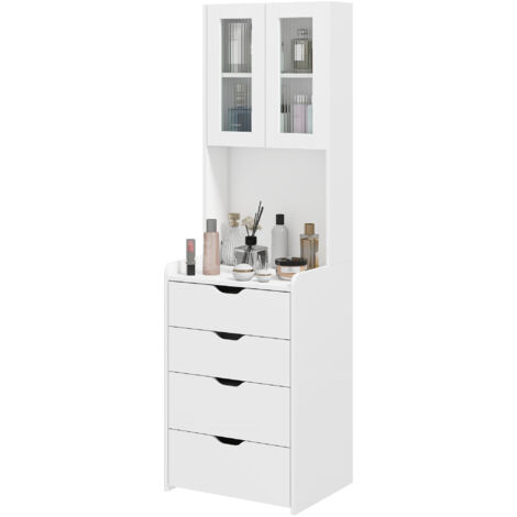 Coiffeuse avec miroir éclairé, tabouret, éclairage réglable, tiroirs et armoire, blanche