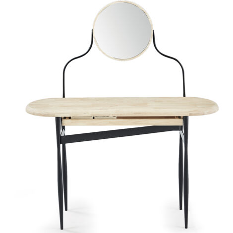 Coiffeuse avec miroir en bois de chêne naturel et métal noir - Longueur 120 x profondeur 40 x hauteur 80 cm