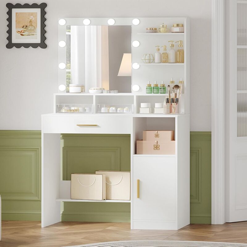 Coiffeuse avec Miroir,10 lumières LED,vanité de Maquillage, Blanc