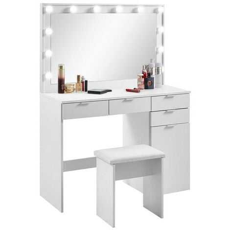 CLIPOP Coiffeuse avec Miroir et Ampoules LED Hollywood, Table de Maquillage, Luminosité Réglable, 4 Tiroirs et 1 Compartiments de Rangement, rembourré Tabouret, Moderne, Blanc Table Cosmétique