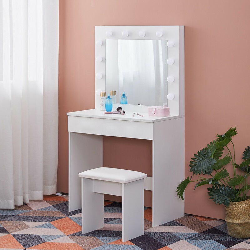 Coiffeuse miroir led et tabouret, Luminosité Réglable, 3 couleurs, Table de Maquillage avec 1 grand tiroir, Moderne Blanc