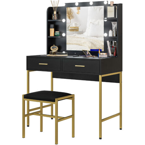 Coiffeuse avec miroir et éclairage intégré, tabouret rembourré, 2 tiroirs, étagères, coiffeuse moderne, noir