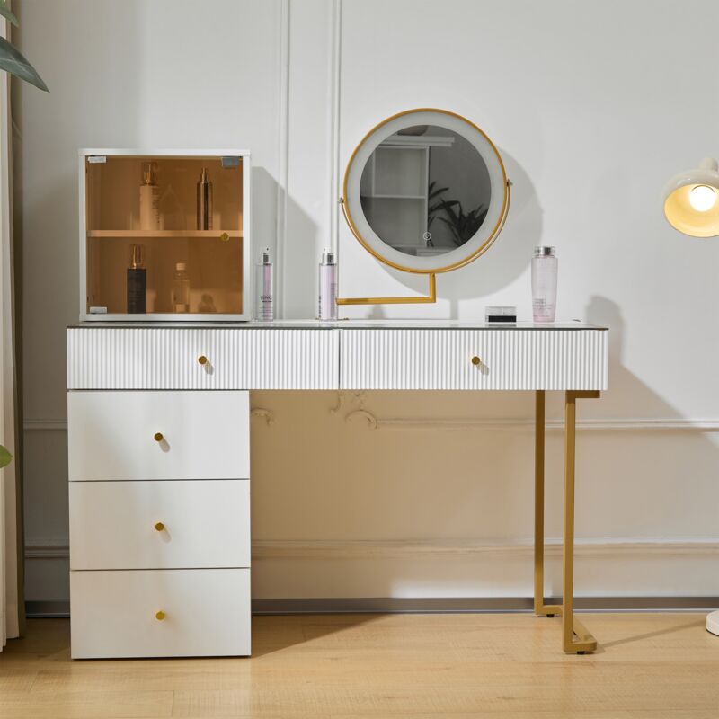Coiffeuse avec Miroir et éclairage led 120 cm - plateau en verre trempé transparent, Coiffeuse de Chambre avec 5 tiroirs de rangement, Ensemble