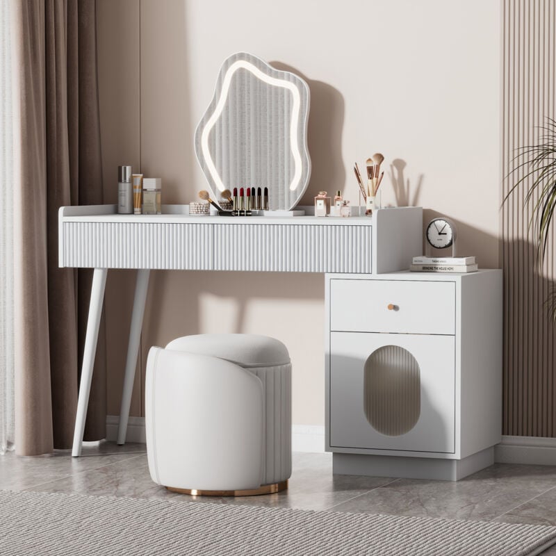 Okwish - Coiffeuse blanche avec miroir éclairé par led, 3 tiroirs spacieux et armoire latérale, pour chambre (sans tabouret), 100x40x75 cm