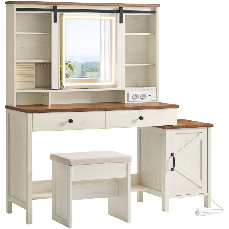 Vasagle - Coiffeuse avec Miroir et Éclairage, Style Ferme, avec Tabouret, Multiprise, 2 Tiroirs, Rangement pour Bijoux, Blanc Rustique et Marron Miel