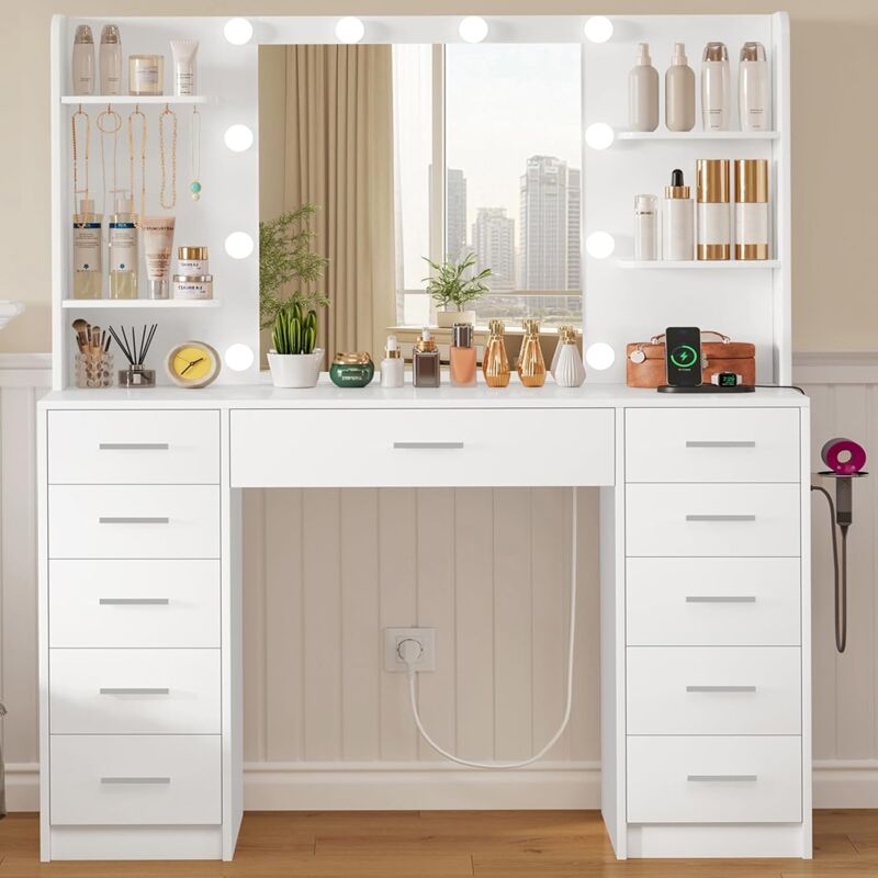 Coiffeuse moderne avec miroir et éclairage LED – 3 couleurs réglables – 11 tiroirs, 4 étagères, 5 crochets – Support pour sèche-cheveux – Blanc