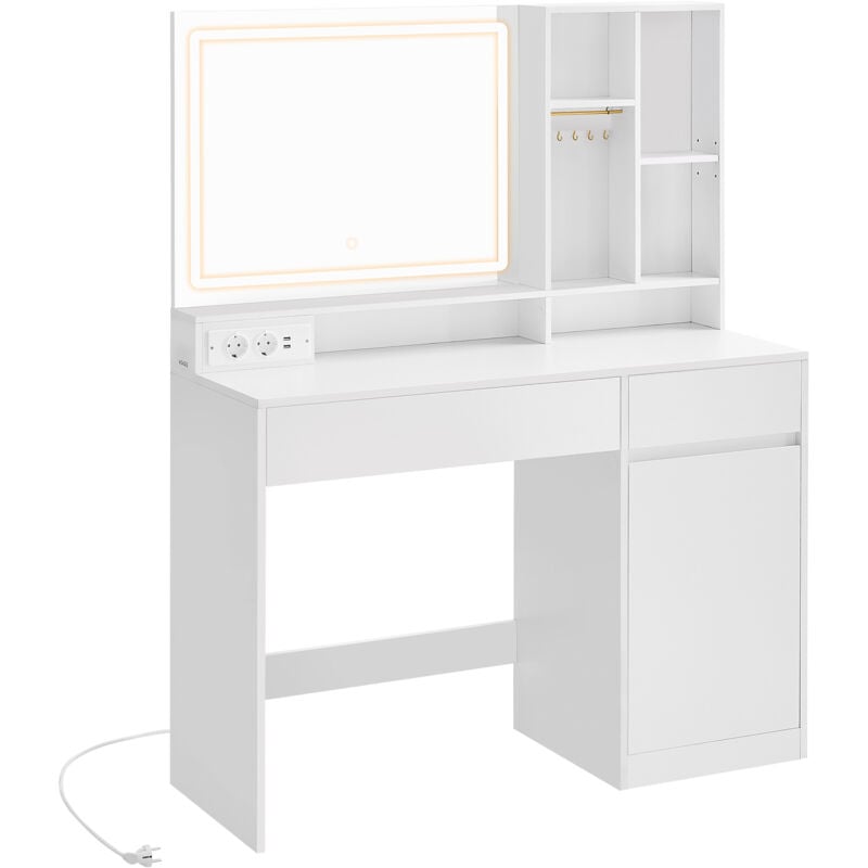 Vasagle - Coiffeuse avec Miroir et Lumière, Table de Maquillage, Largeur de 110 cm, Tiroir, Étagères Réglables, Prise de Courant, Rangement pour