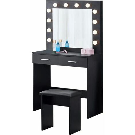 Coiffeuse avec miroir et lumières LED Hollywood - 1 grand tiroir - Bureau de maquillage avec tabouret rembourré pour chambre à coucher - 80 x 40 x 140 cm
