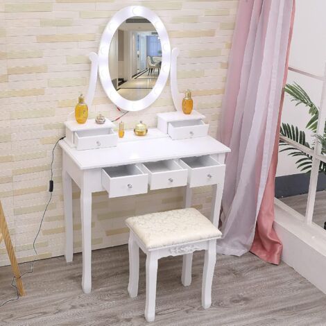 Coiffeuse avec Miroir et Lumières LED Réglables, Coiffeuse avec 5 Tiroirs, Table de Maquillage avec Tabouret -Blanc