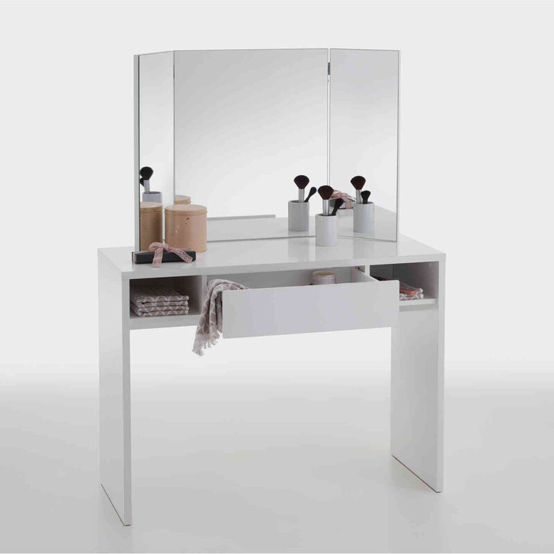 terre de nuit - coiffeuse avec miroir et rangements en bois blanc - cf13022 - blanc