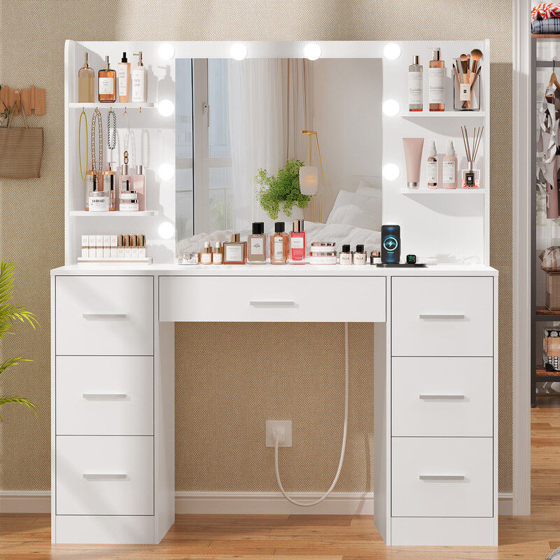 Coiffeuse avec miroir HD et station de charge – 7 tiroirs, 4 étagères, 10 lumières LED – Dimensions 107x40x140 cm – Panneaux de particules P2