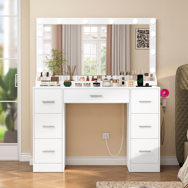 Coiffeuse avec miroir HD et station de charge – 7 tiroirs spacieux – 3 compartiments sous miroir – Panneaux de particules P2 – 107 x 40 x 140 cm