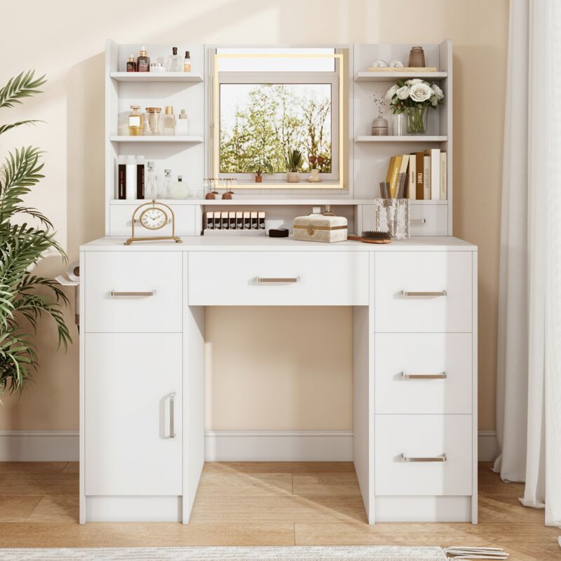 Coiffeuse avec Miroir et station de charge, coiffeuse chambre avec éclairage LED, 8 tiroirs, 4 étagères, 110x40x140 cm, Moderne, Blanc