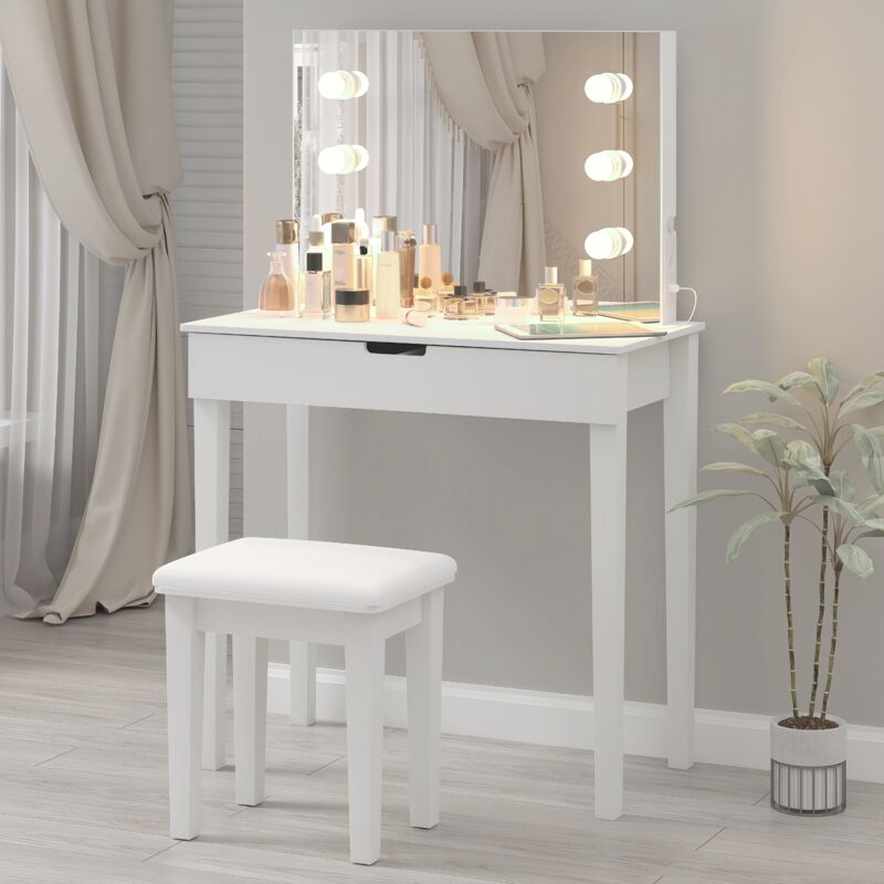 Coiffeuse avec Miroir 1 Tiroir, 2 Compartiments de Rangement Miroir - 125x40x80cm - Coiffeuse avec 6 Ampoules led - Blanc