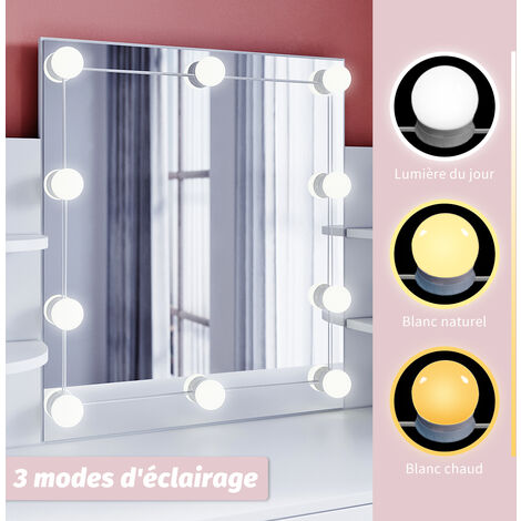 Coiffeuse avec Miroir et Tabouret 1 Tiroir, 4 Compartiments de Rangement Miroir - 108x40x140cm - 10 Ampoules